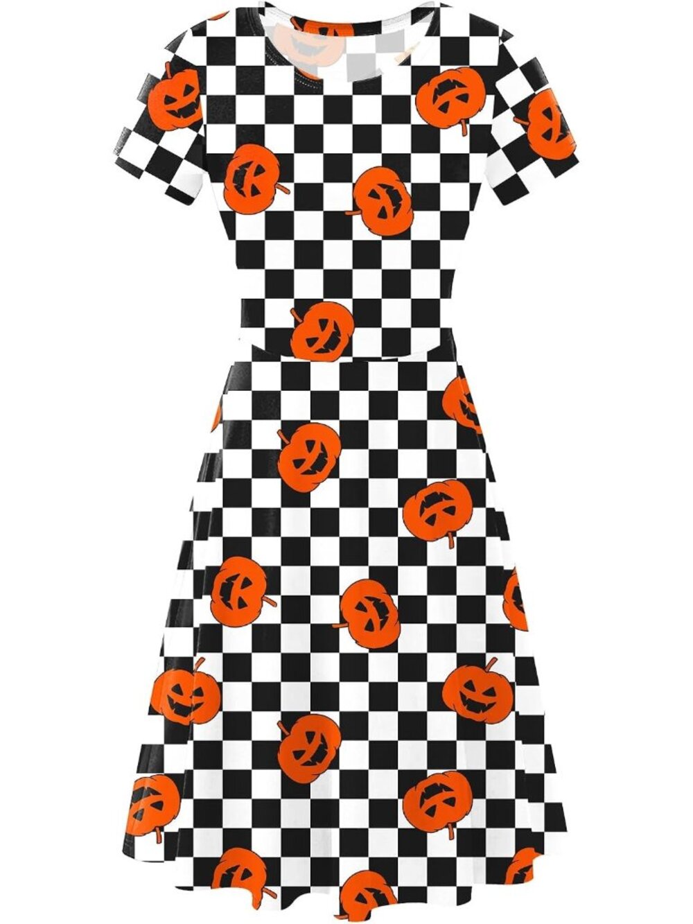 🎃Women's Checker Pumpkin Halloween Vintage Style Short Sleeves Printed Dress